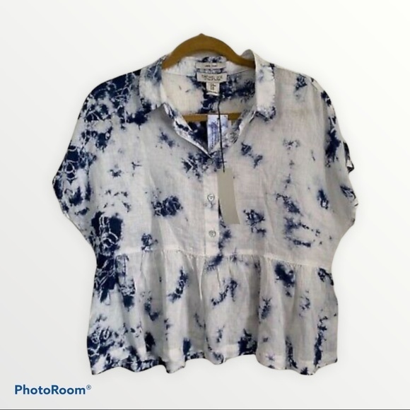 NWT RACHEL ZOE Tie Dye 100% Linen Peplum Button Up - Picture 1 of 5
